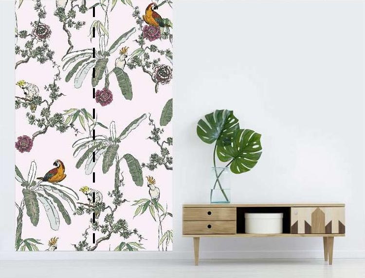 papier peint motifs jungle perroquets et feuillage géant 150 cm en 2 lés de 75 cm