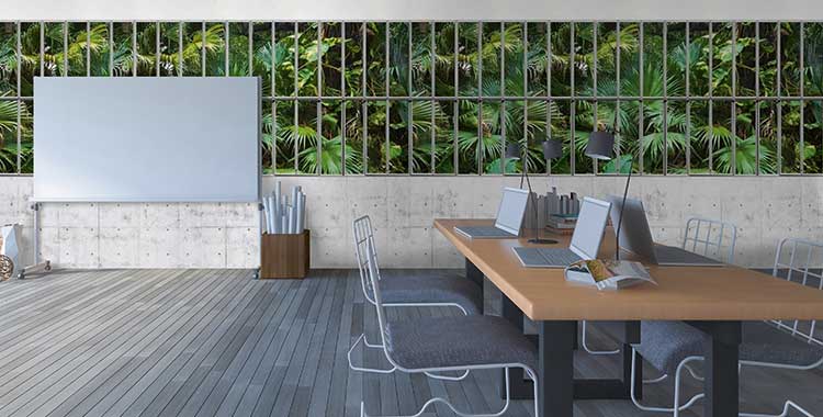 Décore un bureau professionnel avec un papier peint trompe l'oeil plantes tropicales