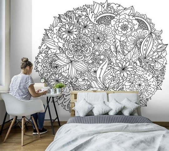 Papier peint tête de lit coloriage motif floral