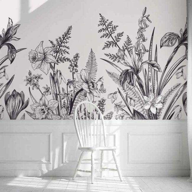 Papier peint fleurs noir et blanc IRIS ET NARCISSES